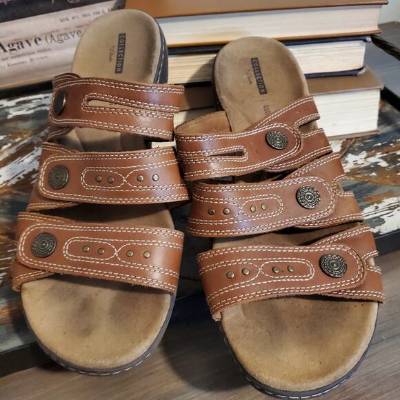 Clarks Collections Sandals Soft Cushion 3 Strap Adjustable Slide On US W12 - Picture 2 of 9